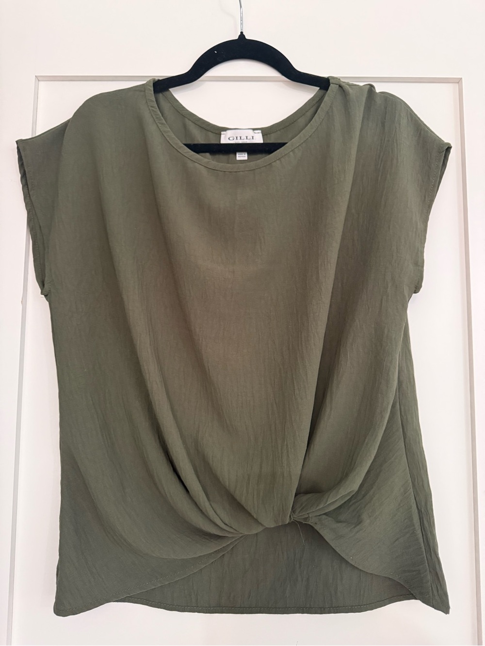 Gilli Olive Draped Twist-Front Short Sleeve Top